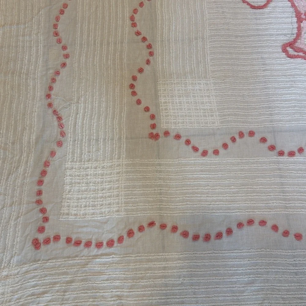 VTG Chenille Bed Spread White Pink Floral Basket Cottage Shabby Chic 90x81 Full